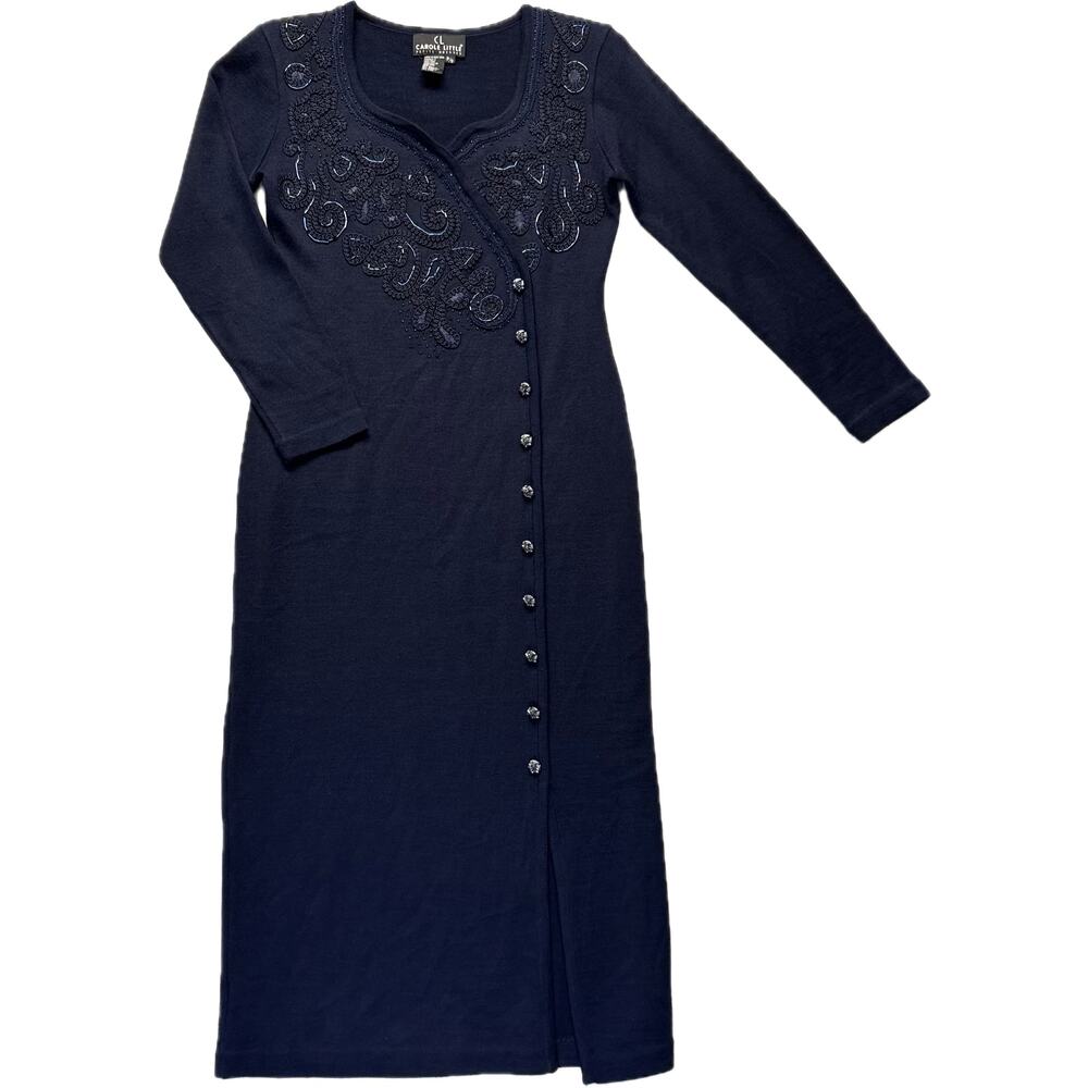 CAROLE LITTLE Wool Mix Embellished Midi Dress Women's Sz Petite Small Navy Blue
